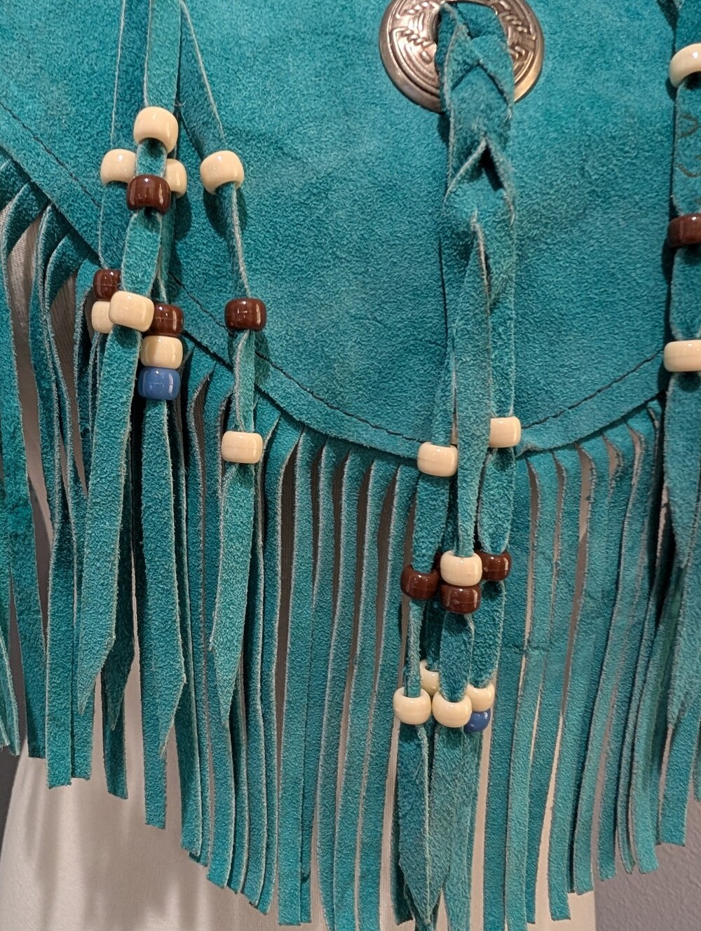Vintage Steer Brand Teal Suede Fringe Cape with Conchos - Boho Western Statement - Picture 7 of 16